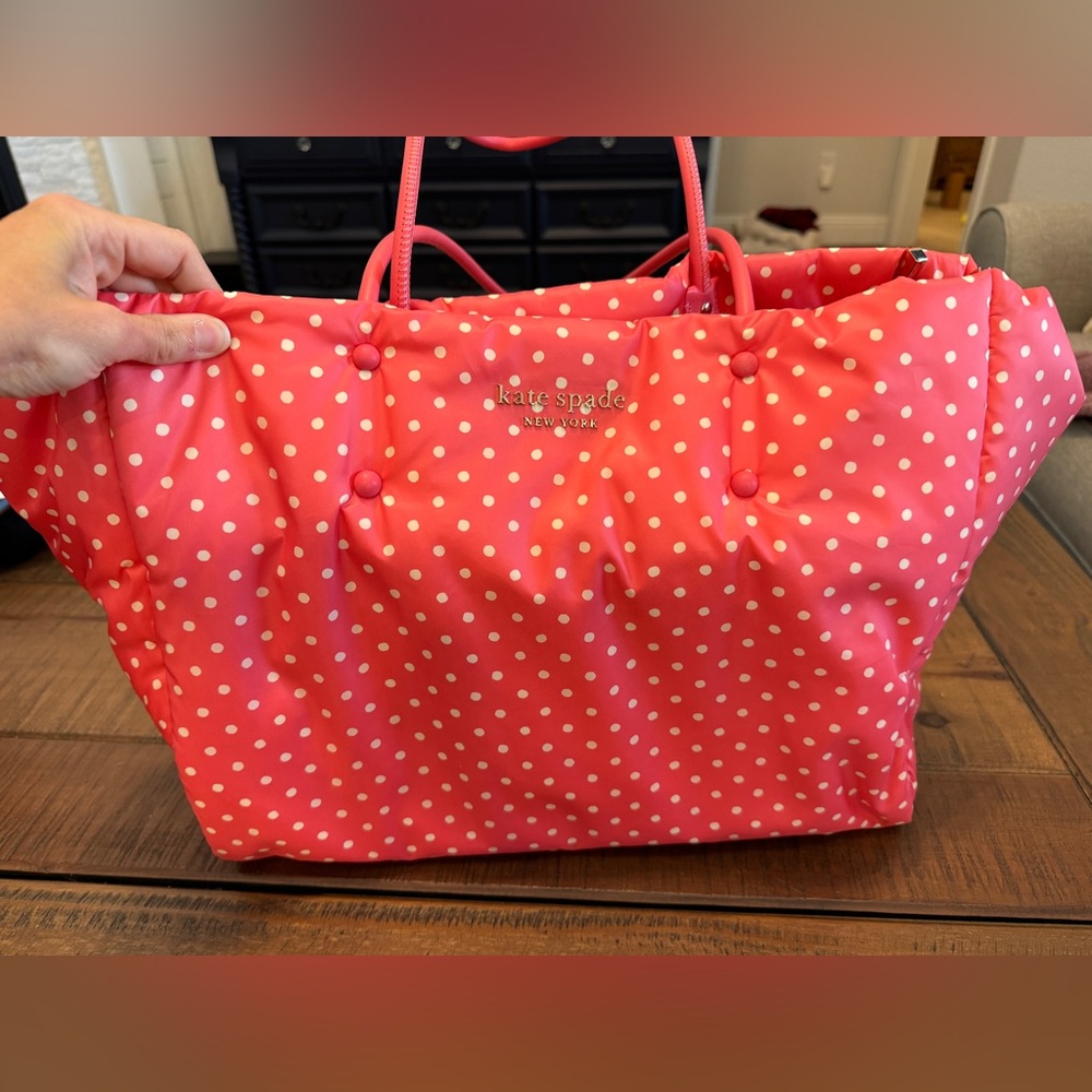 Kate Spade Everything Puffy Tote Large Shoulder Bag Pink Dots Nylon Leather